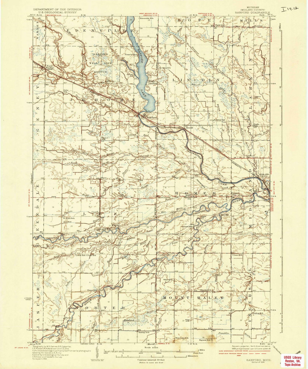 Sanford 1936 Old Topo Map Sanford Lake Chippewa River Pine River Quad