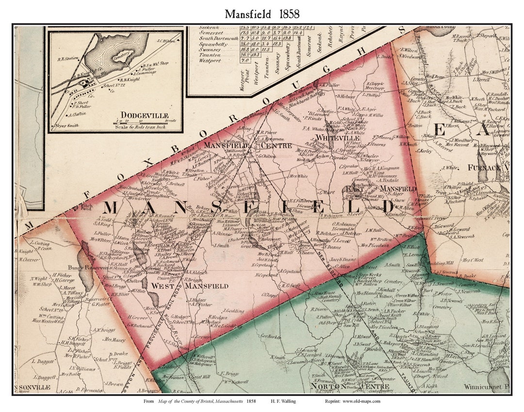 Mansfield 1858 Old Town Map With Homeowner Names Massachusetts Etsy