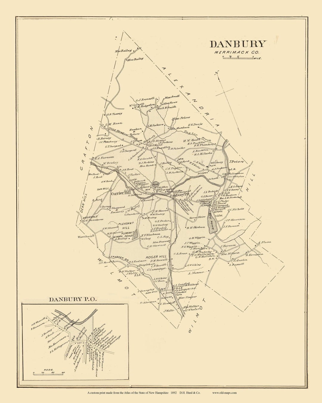 Danbury 1892 Map - Homeowner Names Custom Reprint Merrimack County New ...