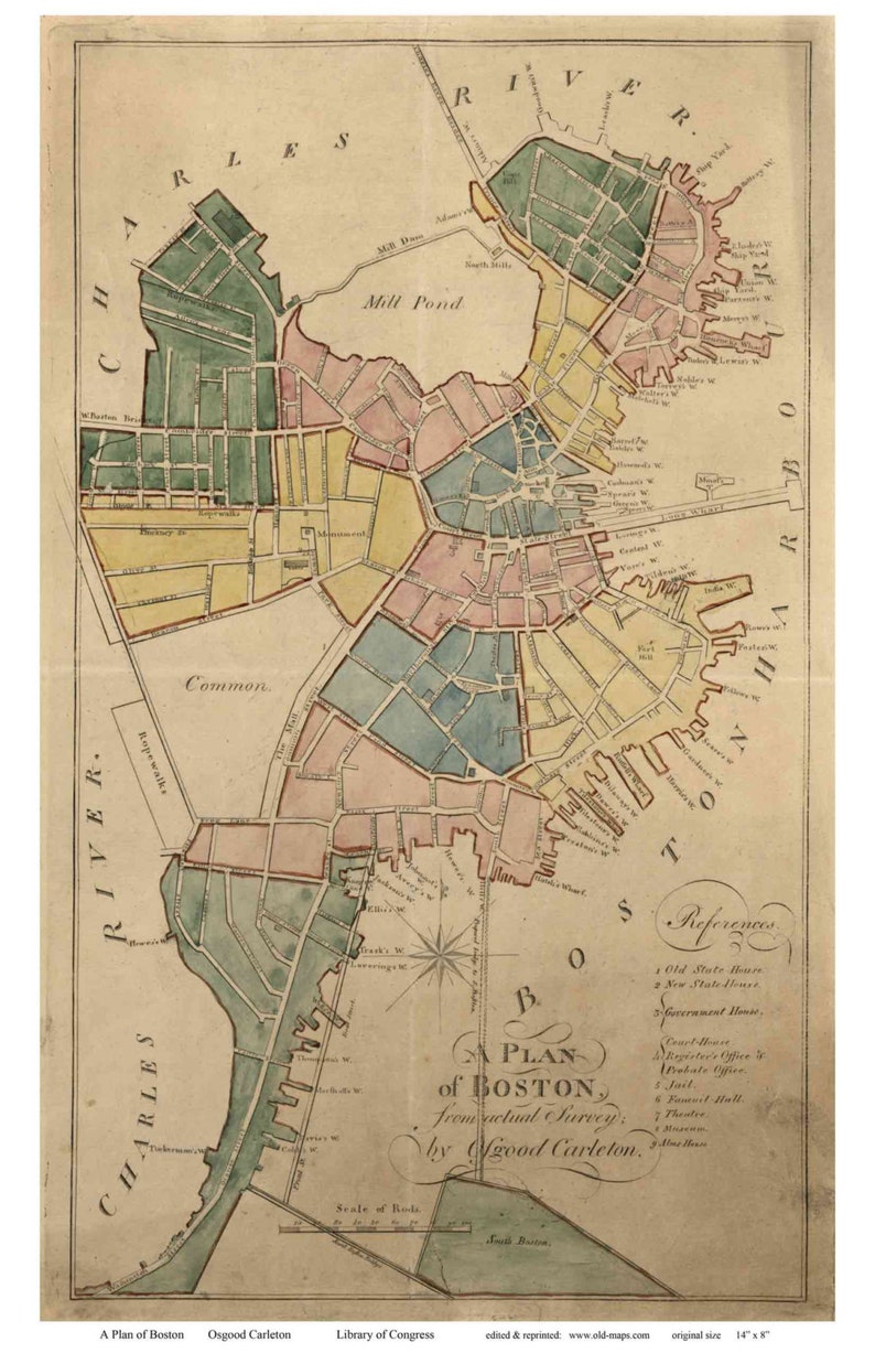 Boston 1805 Map by Carleton Reprint