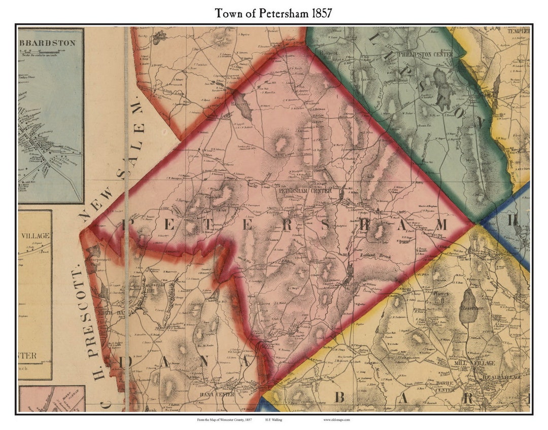 Petersham 1857 Old Town Map With Homeowner Names Massachusetts Reprint