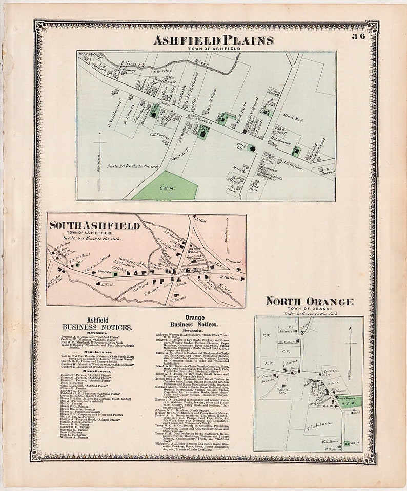 Ashfield Villages & North Orange Massachusetts 1871 Map Etsy UK