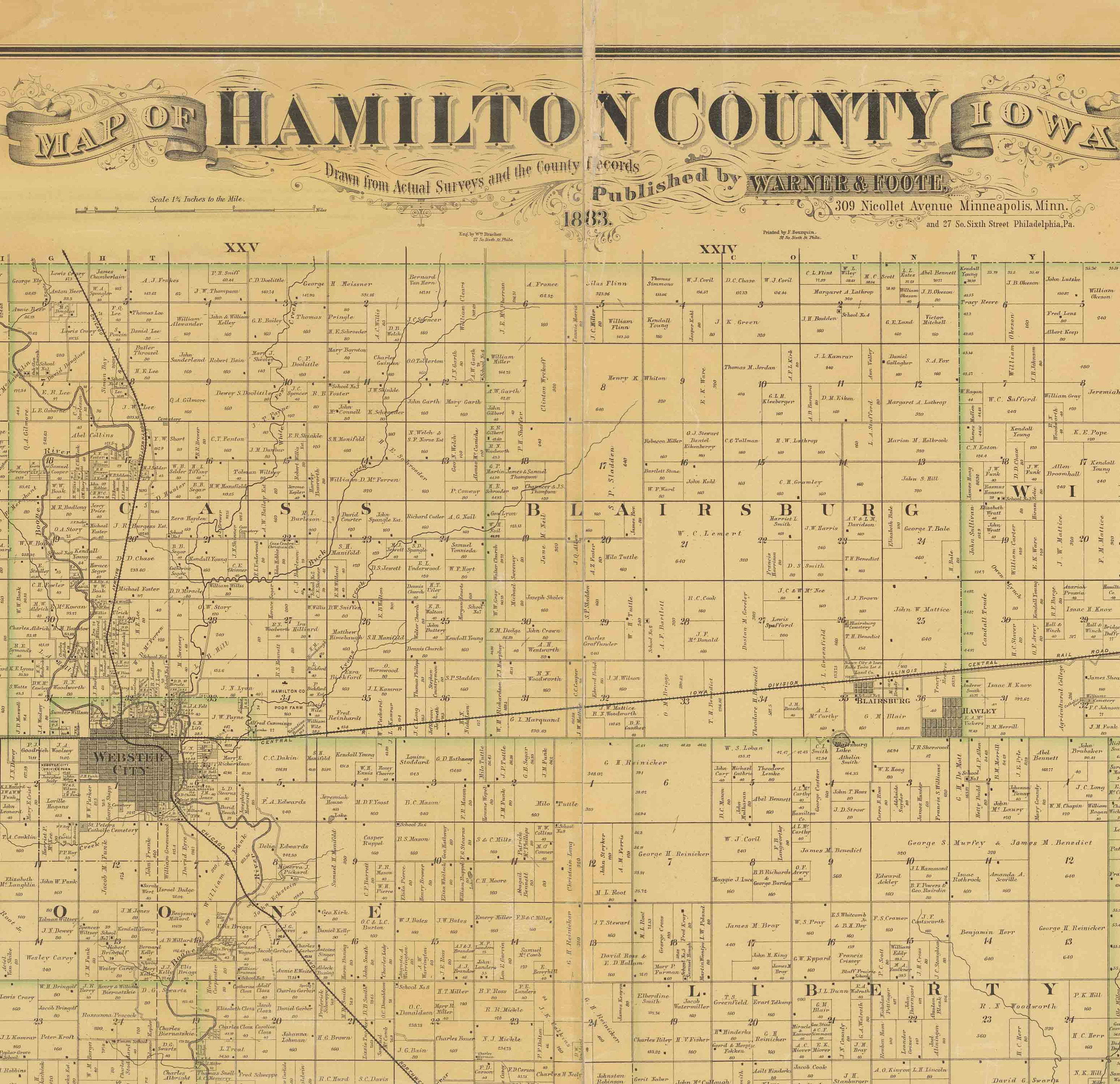 Hamilton Iowa Hamilton County Iowa 1883 Old Wall Map With Landowner Names Farm Lines ...