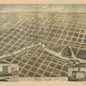 Sioux Falls South Dakota - 1881 - Birds Eye View  Reprint