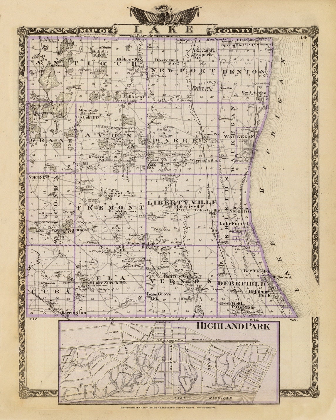 Map Of Lake County Il Lake County Illinois 1876 Map Highland Park Reprint With | Etsy Australia