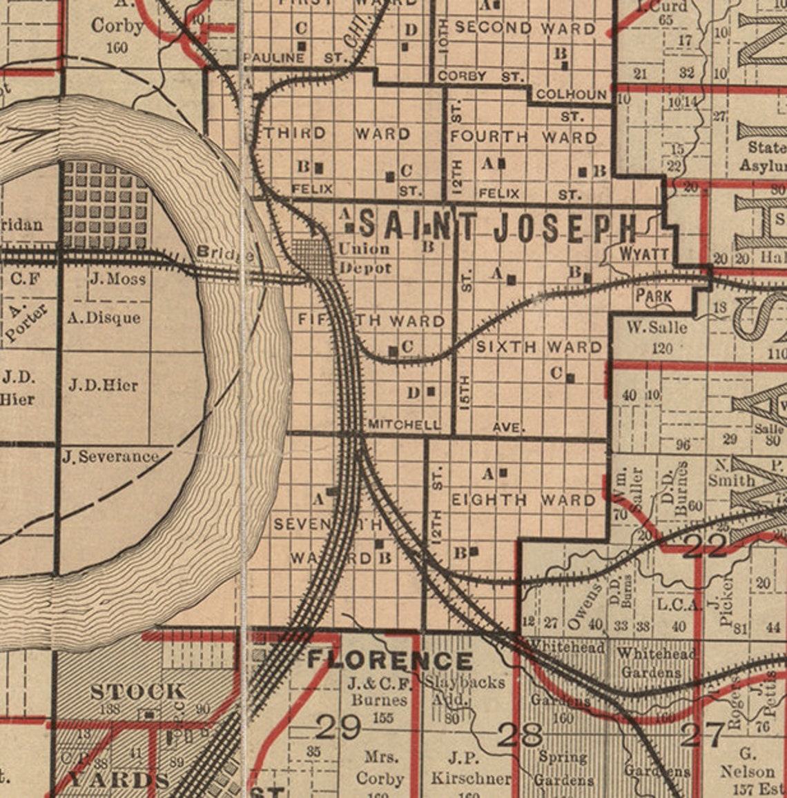 Buchanan County Missouri 1895 Old Wall Map With Landowner Etsy