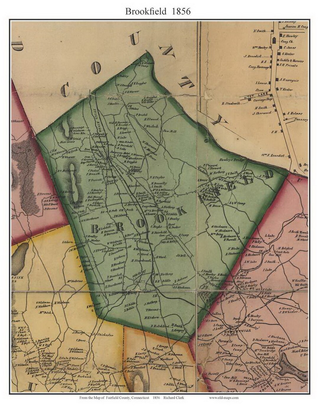 Brookfield 1856 Old Town Map With Homeowner Names Connecticut Reprint Il B9rd 