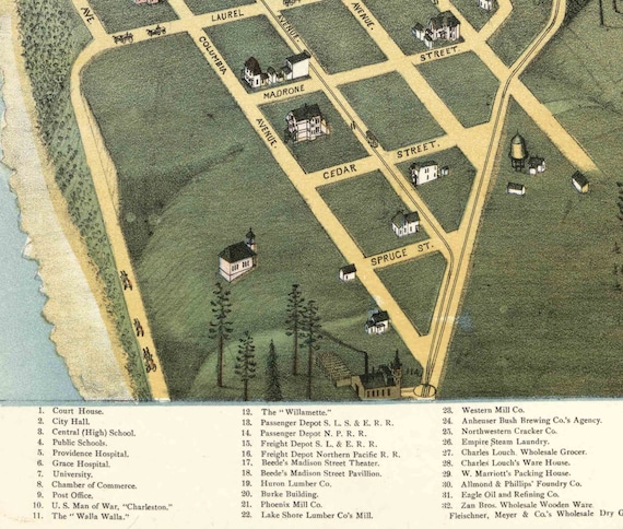 1891 Seattle Washington Birdseye View Map Art Print 13/" x 19/" Reproduction