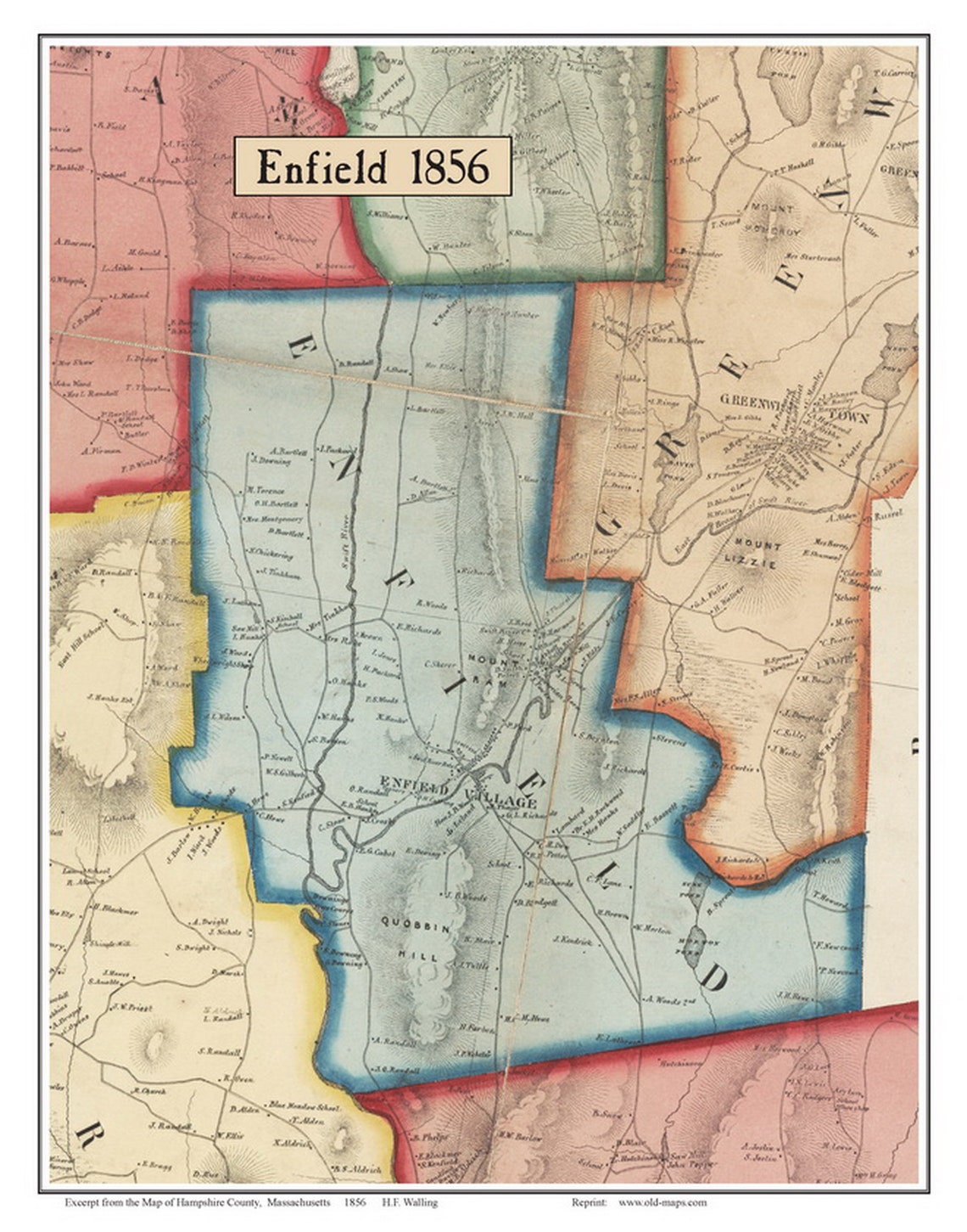 Enfield 1856 Old Town Map With Homeowner Names Massachusetts Etsy