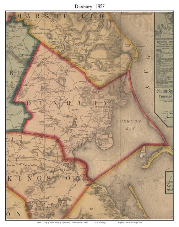 Duxbury 1857 Old Town Map with Homeowner Names Massachusetts Etsy
