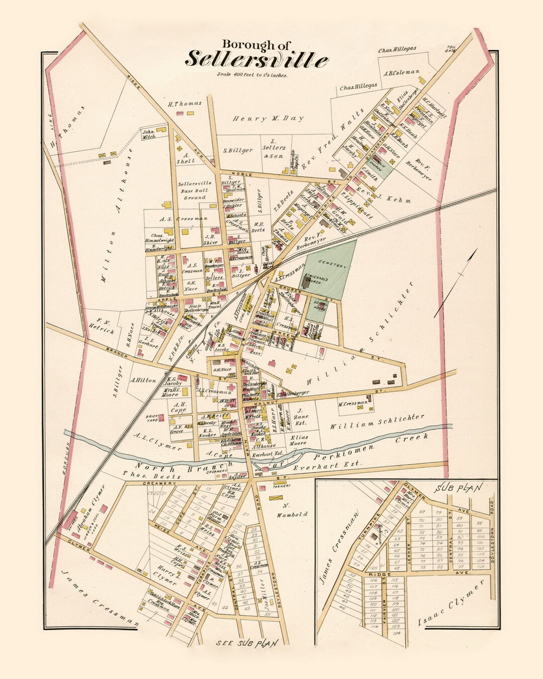Sellersville Borough 1891 Old Town Map With Homeowner Names Pennsylvania Geneaology Reprint