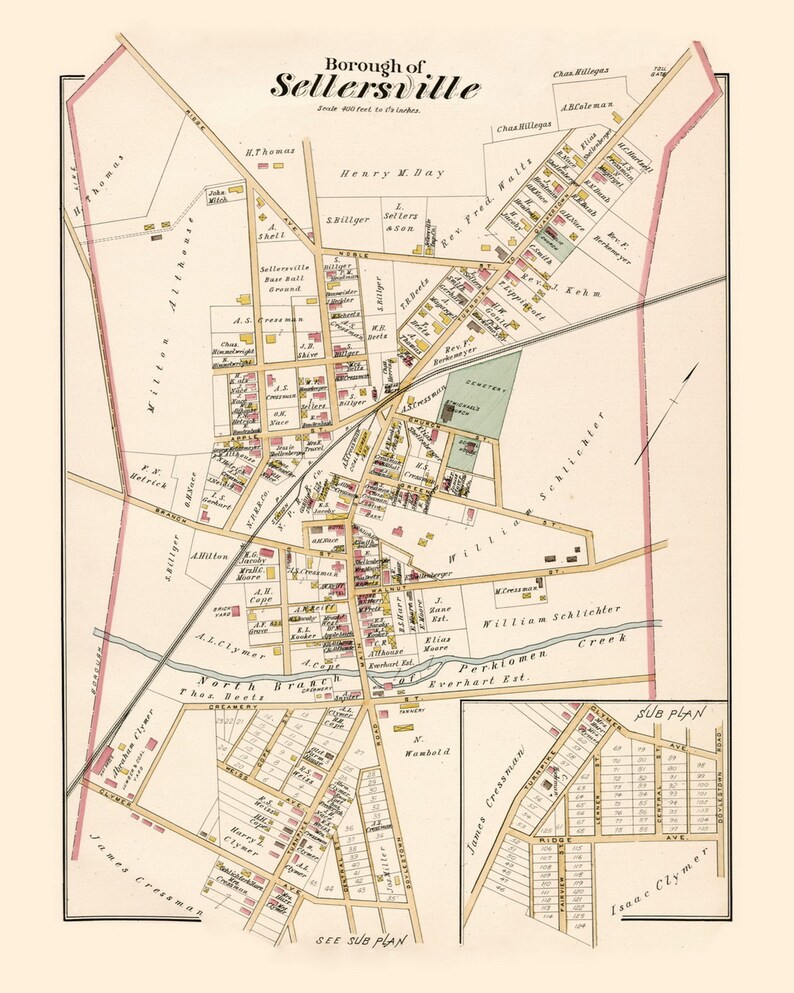 Sellersville Borough 1891 Old Town Map With Homeowner Names