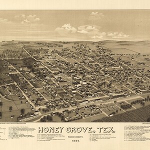 May include: An antique bird's-eye view map of Honey Grove, Texas, from 1886. The map shows the town's layout with streets, buildings, and businesses. The map is printed in black and white and has a vintage aesthetic.