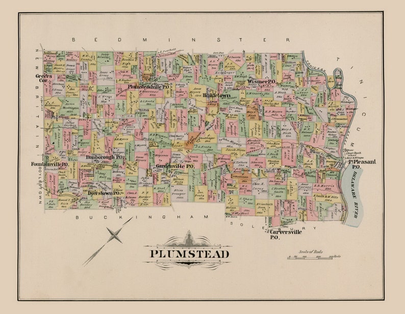 Plumstead 1891 Old Town Map With Homeowner Names Pennsylvania