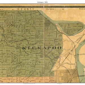 May include: An antique map of Kickapoo County, Kansas, from 1894. The map shows the county's townships, roads, and rivers. The map is in a vintage style with a yellowed background and green lines.