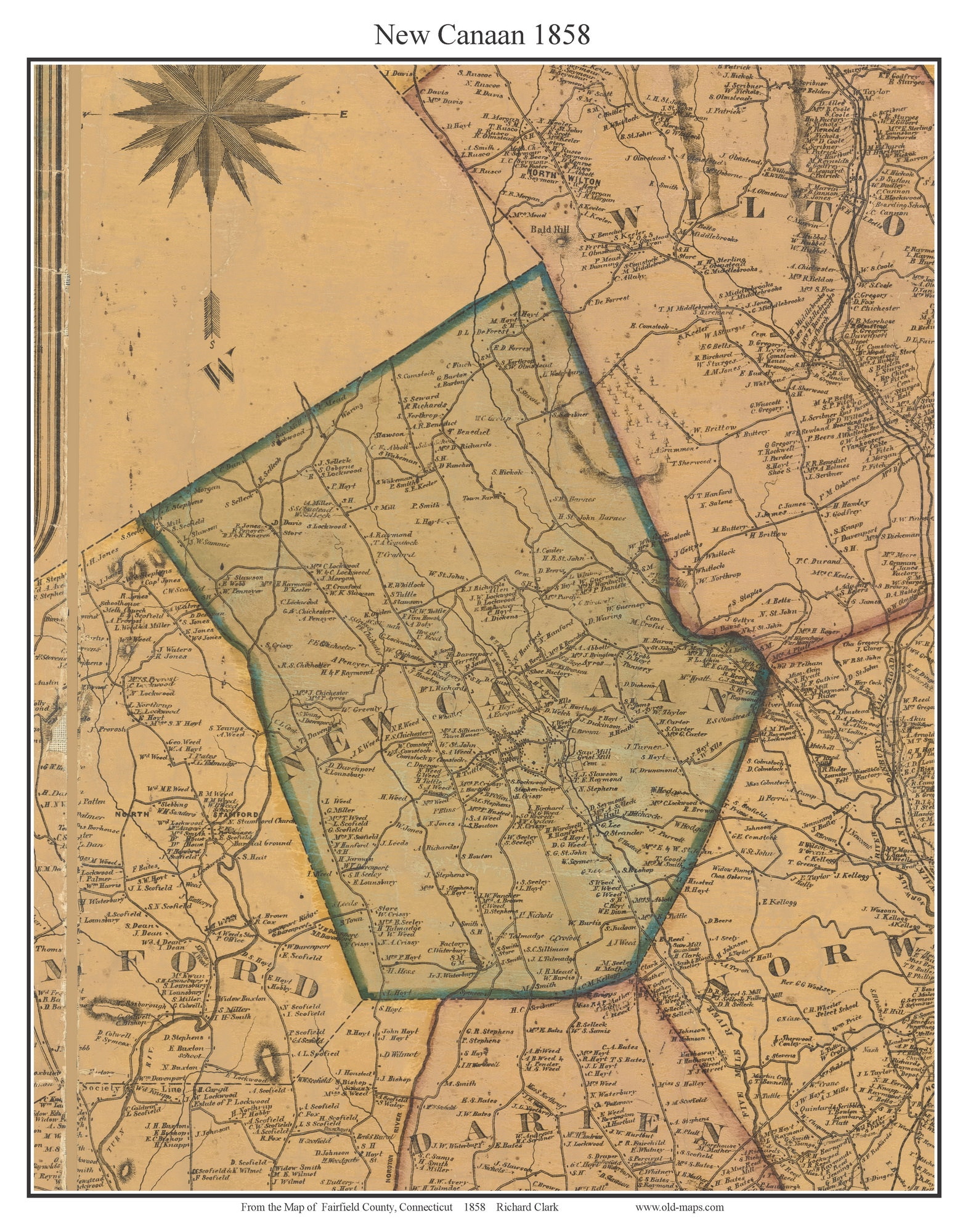 New Canaan Connecticut 1858 Old Town Map With Homeowner Names Reprint Il Kopp 
