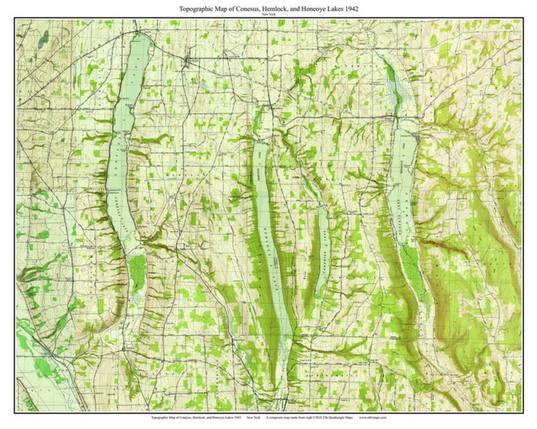 Conesus, Hemlock & Honeoye Lakes 1942 USGS Old Topographic Map Custom Composite Reprint New York