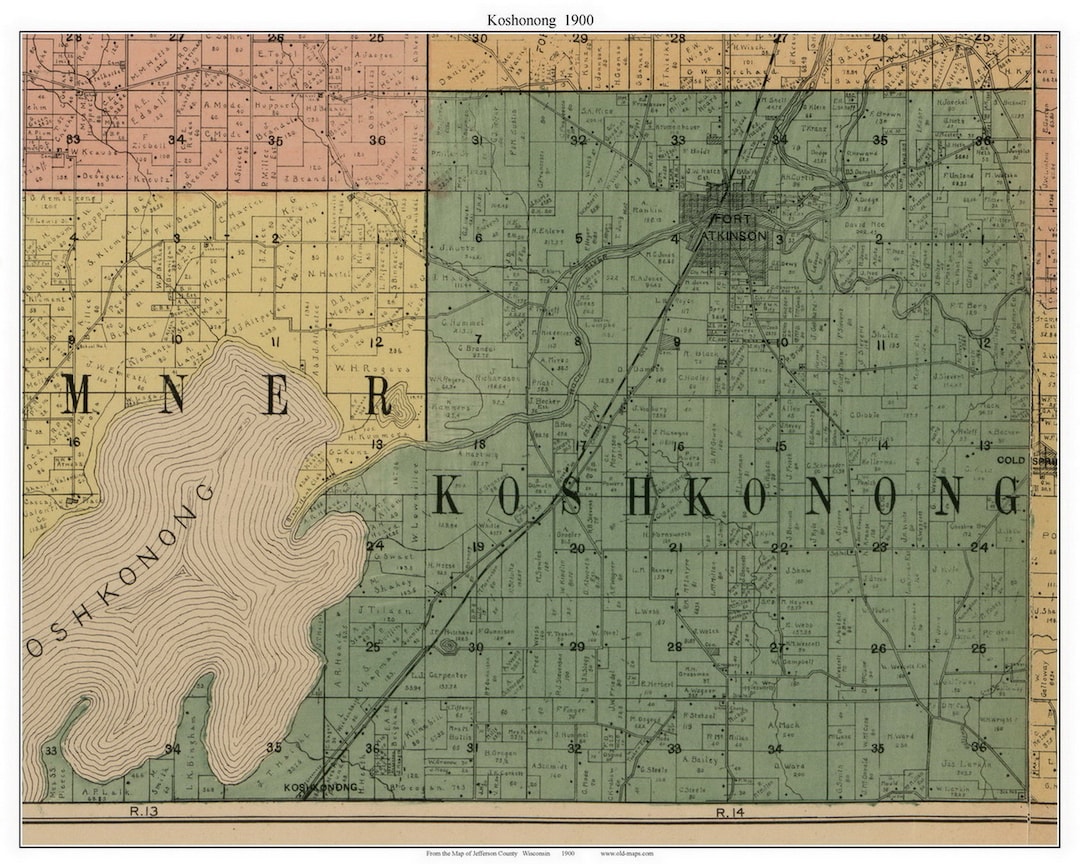Koshkonong 1900 Old Town Map With Homeowner Names Fort Atkinson Wisconsin Reprint Genealogy