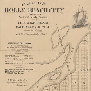 May include: A black and white map of Holly Beach City, Section B, South Westerly Portion, Five Mile Beach, Cape May Co. N.J. The map shows the layout of the city with streets, lots, and a turnpike. The map also includes a scale of 300 feet per inch and information about the officers and directors of the company.