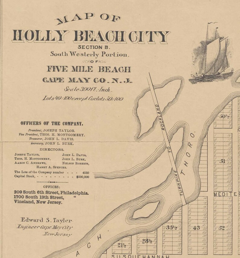May include: A black and white map of Holly Beach City, Section B, South Westerly Portion, Five Mile Beach, Cape May Co. N.J. The map shows the layout of the city with streets, lots, and a turnpike. The map also includes a scale of 300 feet per inch and information about the officers and directors of the company.