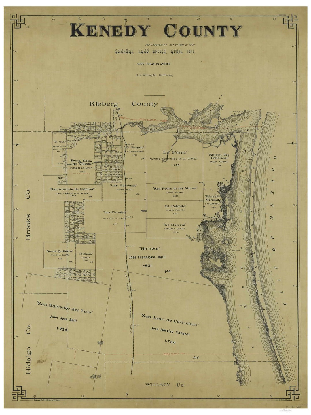 Kenedy County Texas 1913 1921 Old Wall Map With Lot Etsy