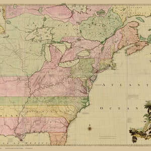 May include: A vintage map of North America, showing the thirteen colonies and surrounding territories. The map is printed on a cream-colored paper with a grid pattern. The map is bordered by a decorative frame with a compass rose in the lower right corner.
