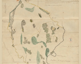 Puede incluir: Un mapa antiguo de Sherborn, Massachusetts de 1831. El mapa muestra los límites de la ciudad, incluidas las ciudades circundantes de Natick, Dover, Medfield y Dedham. El mapa está dibujado a mano y presenta una representación detallada de los bosques, ríos y estanques de la ciudad.