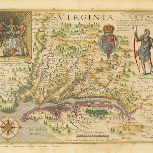 May include: Antique map of Virginia, featuring detailed cartography with rivers, settlements, and illustrations. The map includes a compass rose, text in Latin, and depictions of indigenous people and a coat of arms. The color palette is a mix of earth tones and vibrant hues.