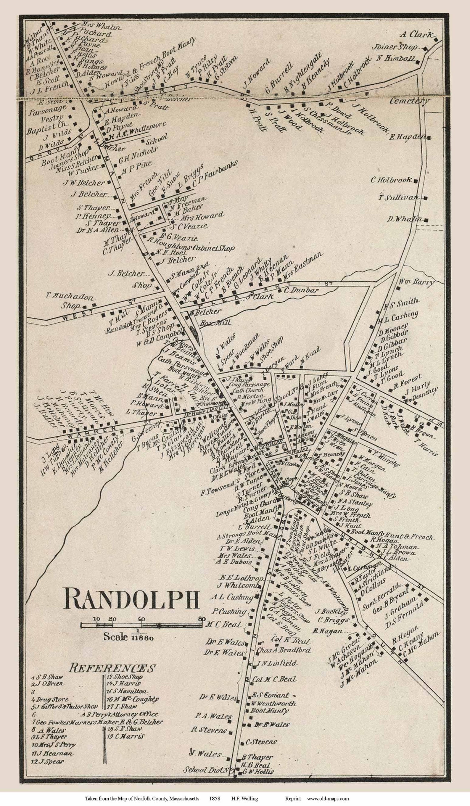 Randolph Village Massachusetts 1858 Old Town Map With Etsy
