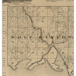 May include: A vintage map of Wolf River, Wisconsin, from 1873. The map shows the area around the Wolf River, including the towns of Waupaca, Poygan, and the surrounding countryside. The map is in black and white and features detailed lines and text.