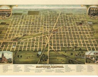 Mattoon Illinois - 1884  - Birds Eye View Reprint