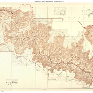 May include: Topographical map of Grand Canyon National Park, Arizona, from 1923. The map shows the park's boundaries, major roads, and topographic features. The map is in brown and black ink on a cream-colored background.