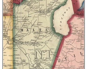 Malta 1856 Old Town Map with Homeowner Names New York - Reprint Genealogy Saratoga County NY TM