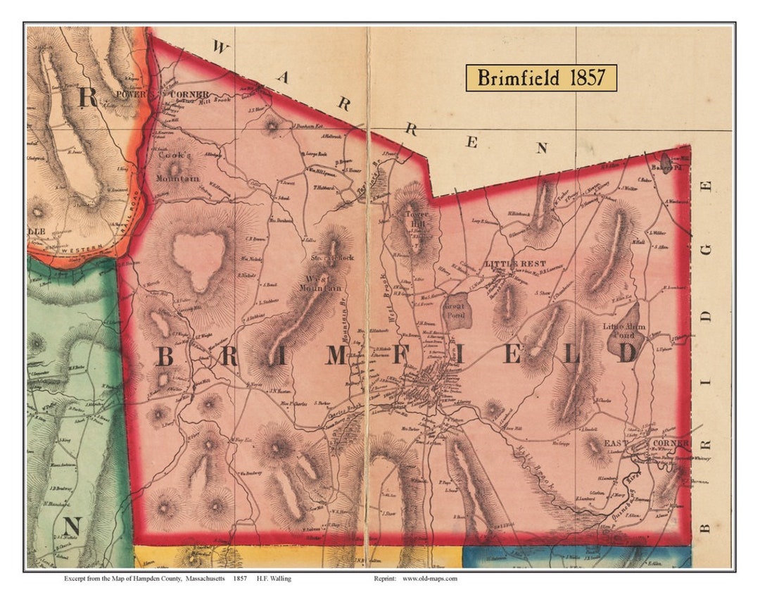 Brimfield 1857 Old Town Map With Homeowner Names Massachusetts Reprint