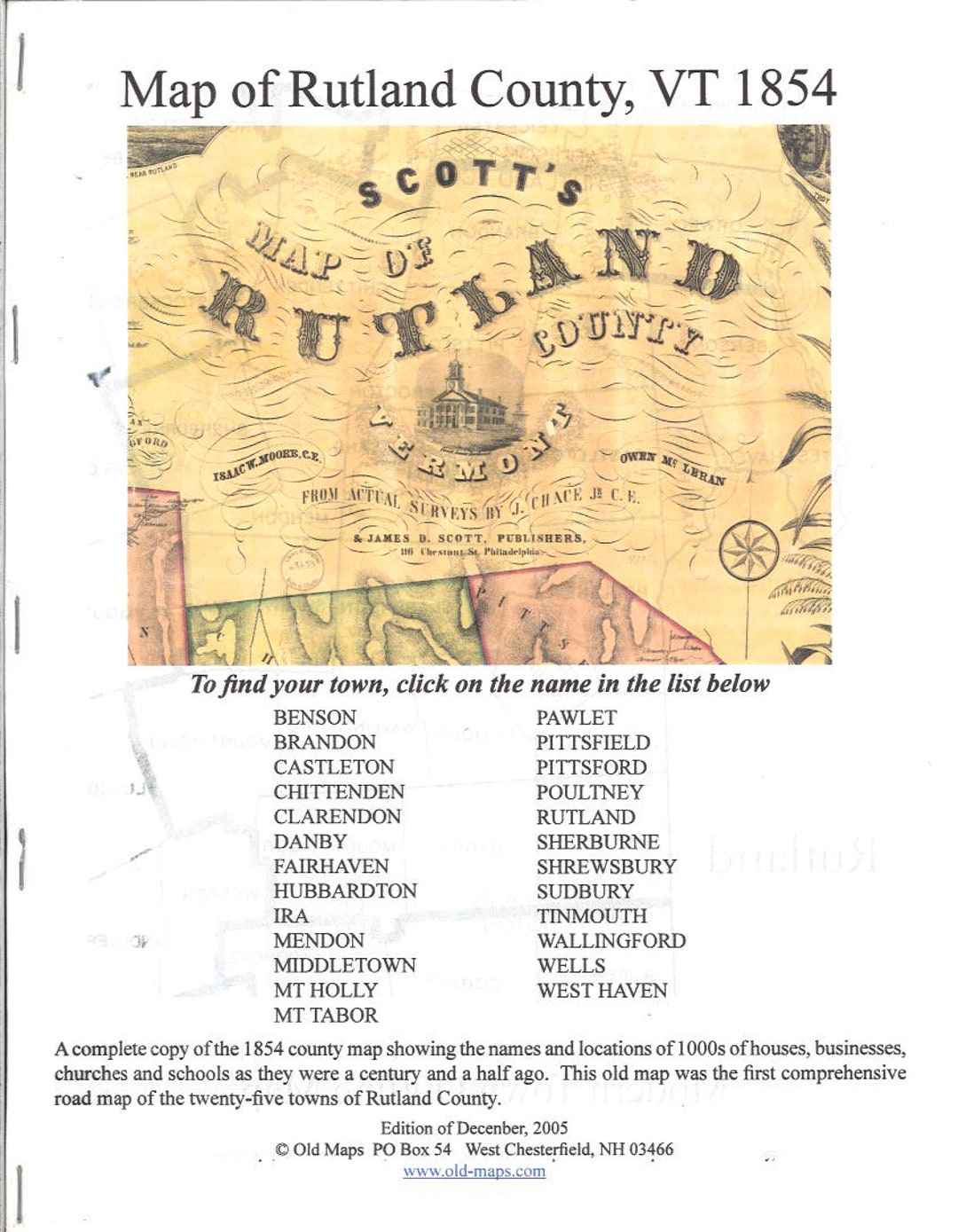 Rutland County Vermont 1854 Old Maps Booklet Homeowner Names USED