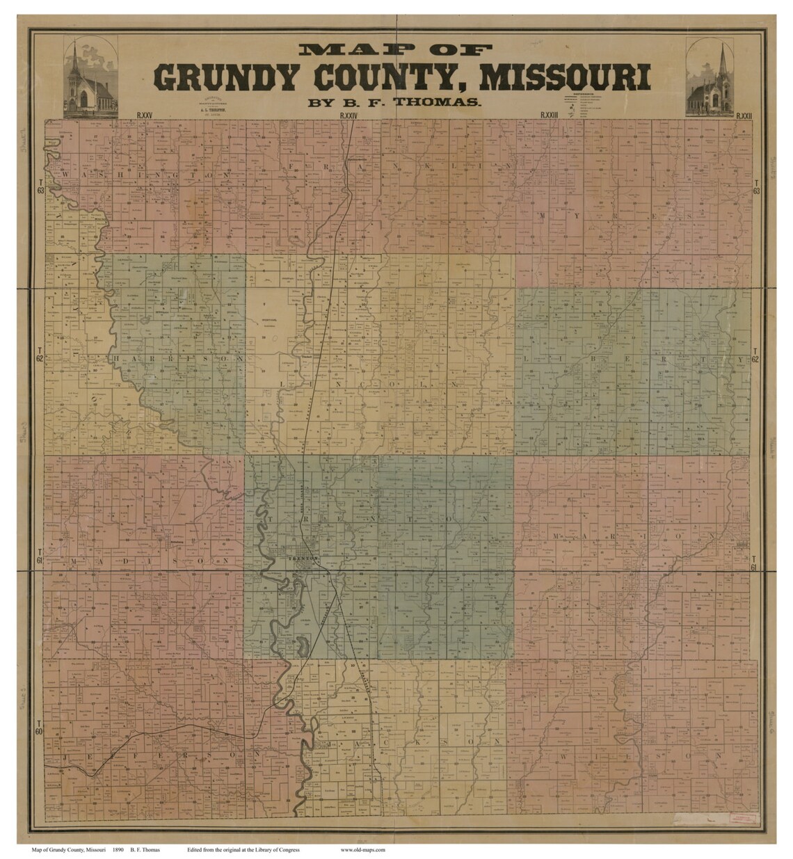Grundy County Missouri 1890 Old Wall Map with Landowner Etsy
