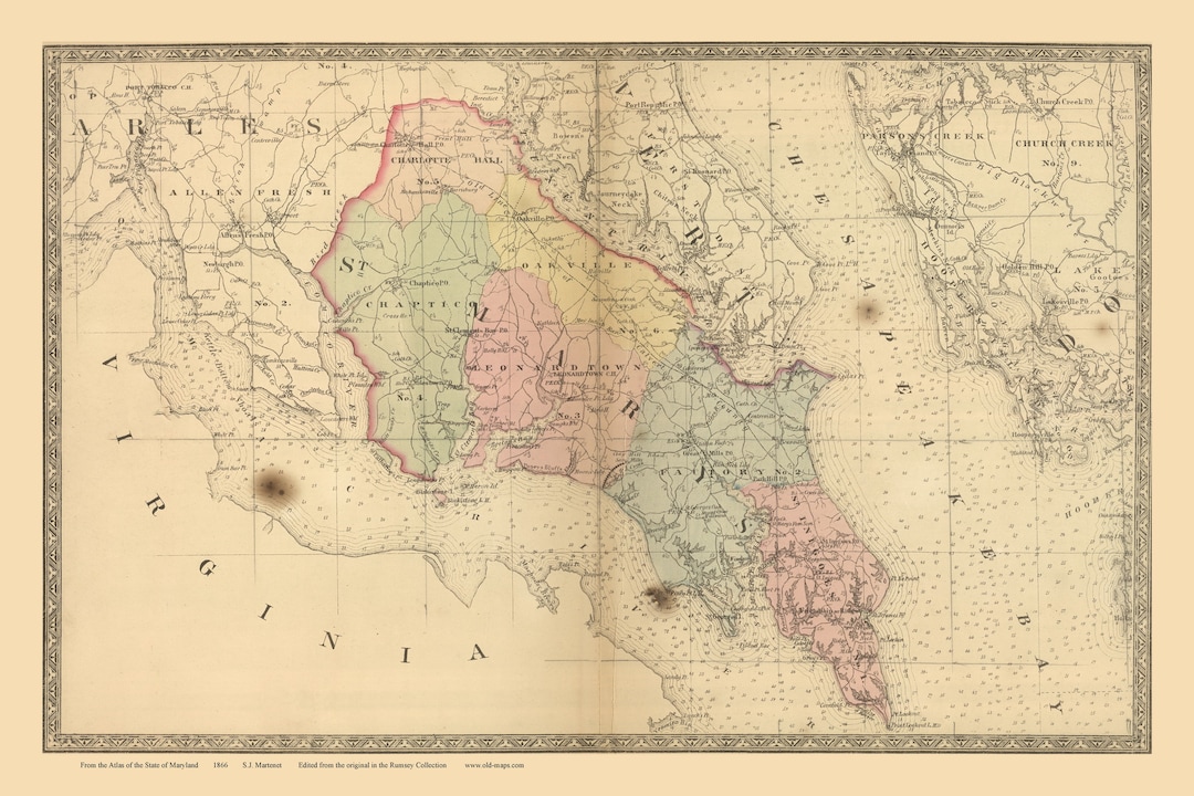 St Mary's Co MD 1866 Map Chesapeake Bay Maryland State Atlas Reprint Etsy