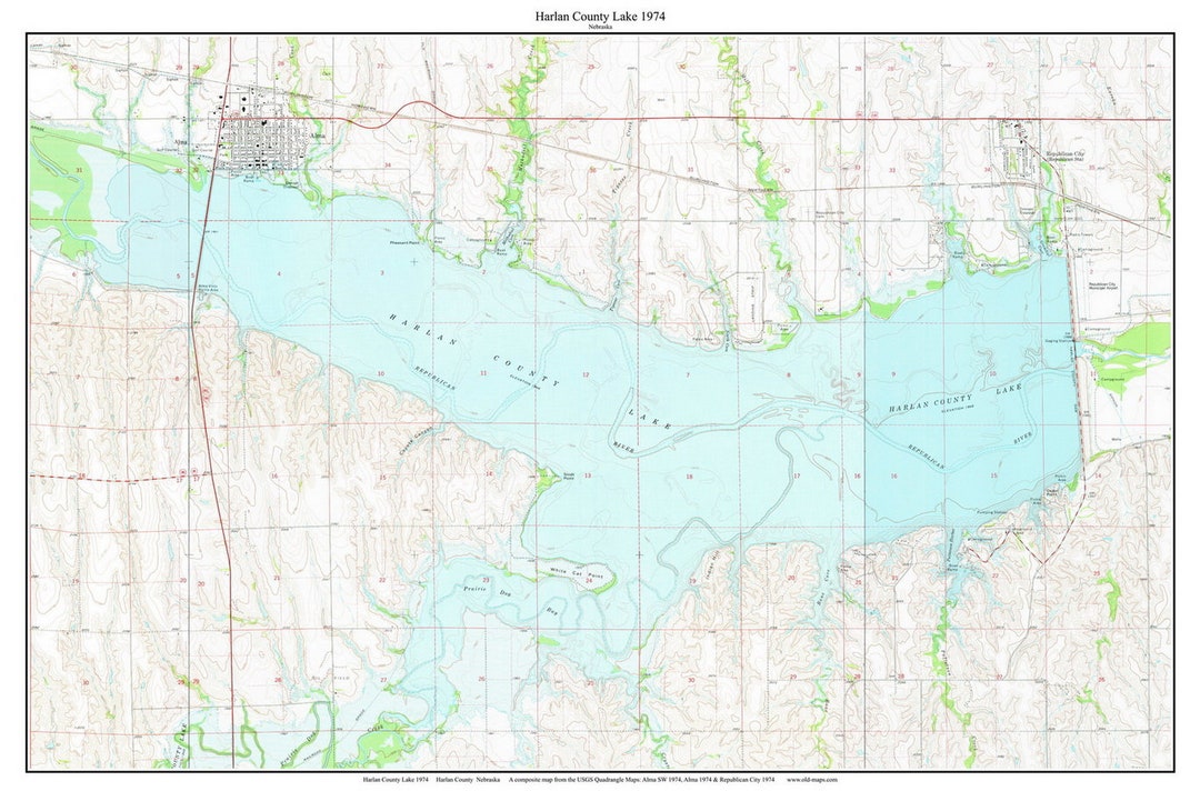 Harlan County Lake 1974 Mapa topográfico antiguo USGS Custom Composite