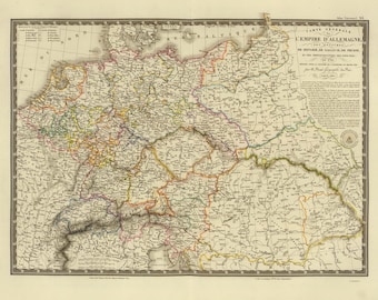 May include: A detailed antique map of the Holy Roman Empire, showing the borders of various states and territories. The map is printed in black and white with colored borders and text. The title of the map is "Carte Generale de L'Empire D'Allemagne, De Hongrie, De Galicie, De Prusse, Et Des Pays Environs."