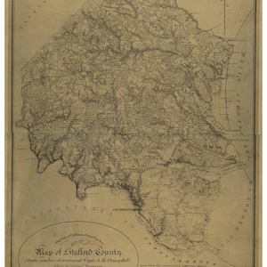 May include: A black and white map of Stafford County, Virginia. The map was made under the direction of Captain A.H. Campbell, Chief of Topographical Department. The map is dated 1862 and has a scale of 1:80000.