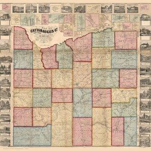 May include: A vintage map of Cattaraugus County, New York, from 1858. The map is divided into townships and features a detailed road network. The map is printed in shades of blue, green, pink, and yellow.