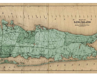 Könnte beinhalten: Eine antike Karte von Long Island, New York, gedruckt in Schwarzweiß mit grünen und blauen Akzenten. Die Karte zeigt die Küste der Insel, Flüsse und Städte. Der Titel "A Map of Long Island" ist oben auf der Karte gedruckt.
