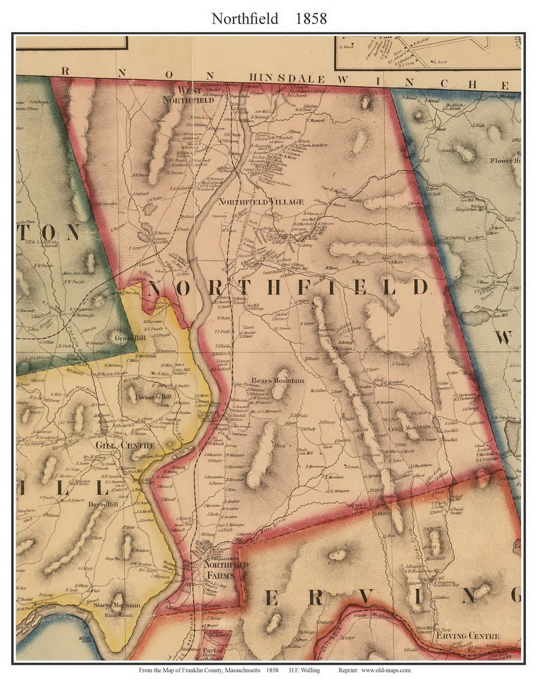 Northfield 1858 Old Town Map With Homeowner Names massachusetts Reprint
