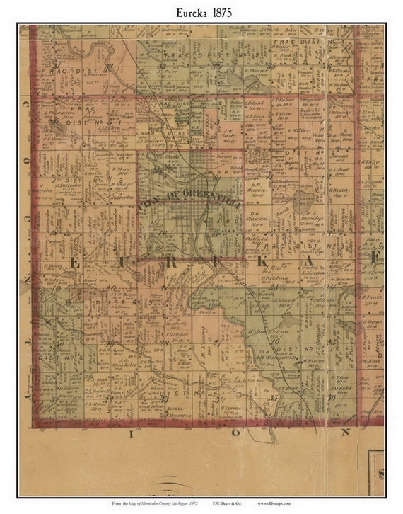 Map Of Greenville Michigan Eureka 1875 Old Town Map With Homeowner Names Greenville | Etsy Canada