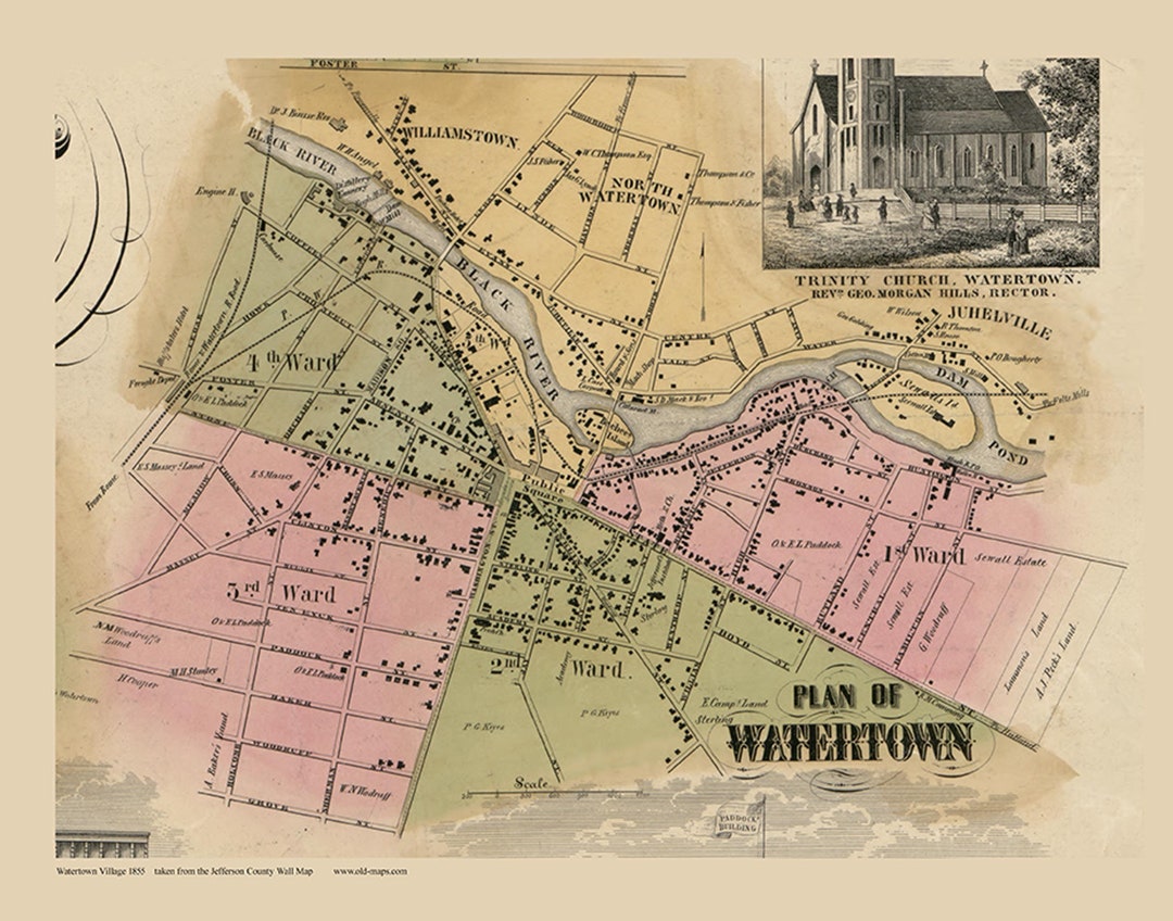 洋書 Hometown Almamac&Directory Watertown Village 1855 Old Town Map With Homeowner Names New