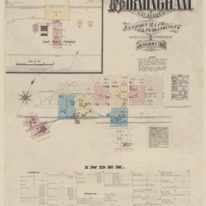 Birmingham 1885 Old Map Fire Insurance AL Alabama - Reprint