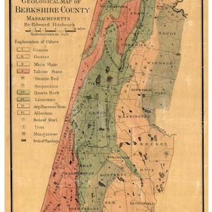 May include: A vintage geological map of Berkshire County, Massachusetts, showing the different rock formations and mineral deposits in the area. The map is color-coded to indicate the different types of rocks, including granite, gneiss, mica slate, talcose slate, steatite bed, serpentine, quartz rock, limestone, argillaceous slate, alluvium, beds of marl, iron, manganese, and beds of plumbago. The map also shows the locations of various towns and cities in the county.