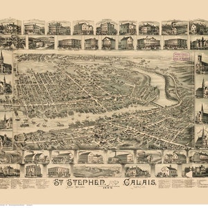 St Stephen and Calais, Maine - 1889 - Old Map- Birds Eye View Reprint