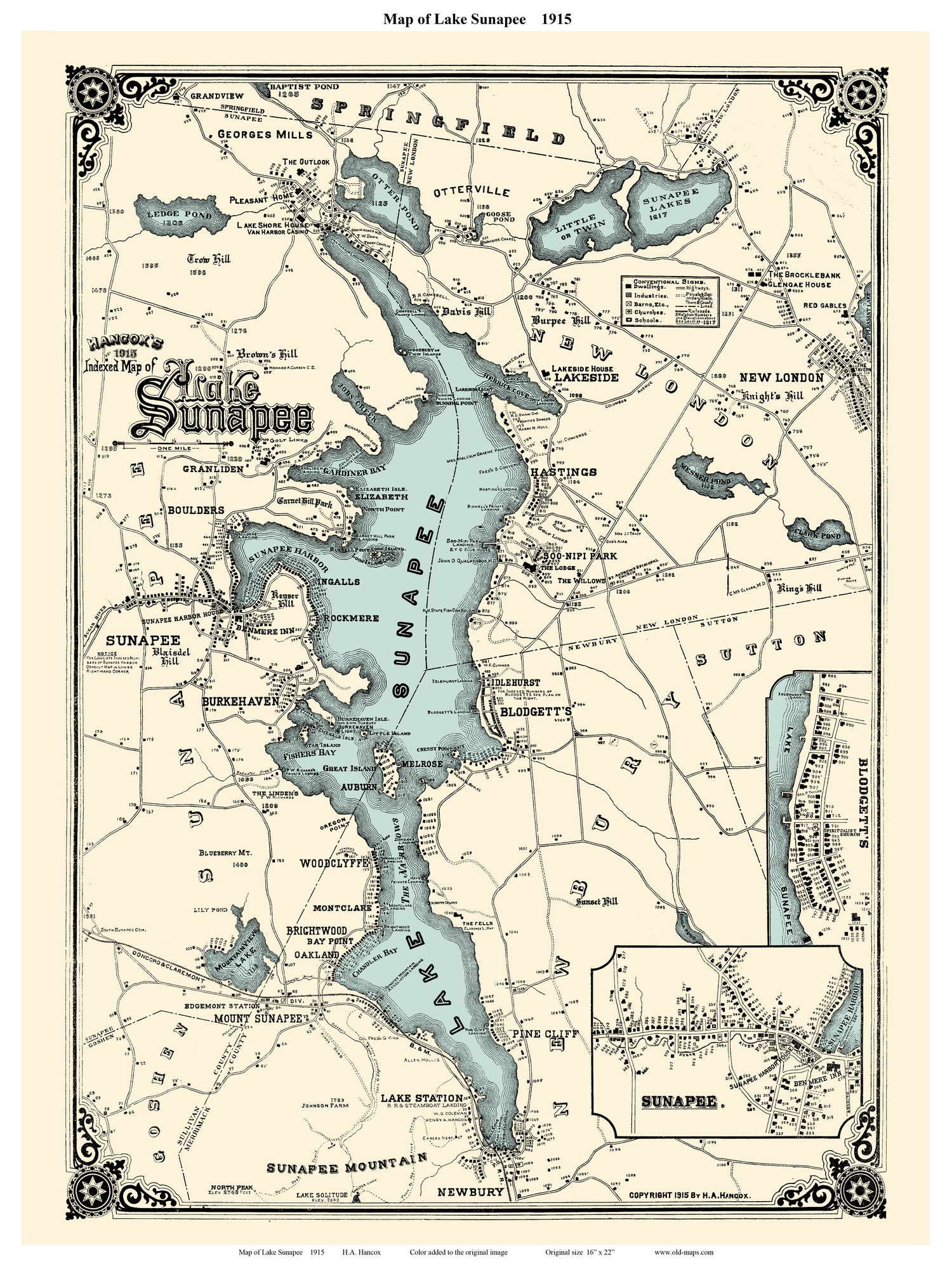 Lake Sunapee NH 1915 Map - House Sites -  by Hancox  - Custom Reprint Colored Water - New Hampshire
