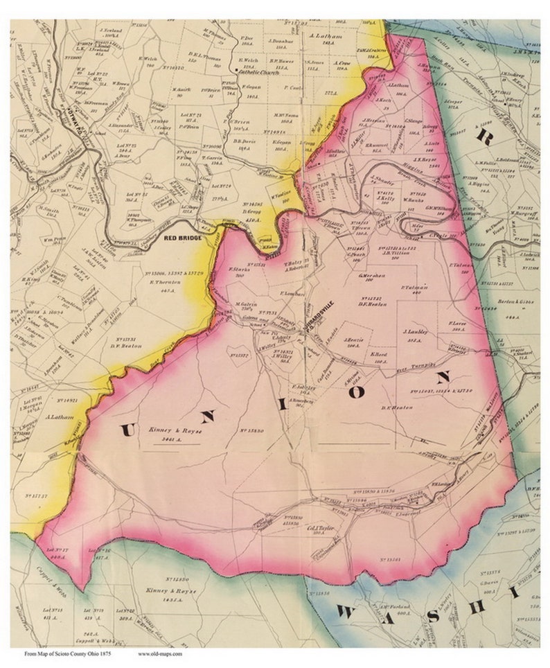 Reprint Genealogy Scioto County OH TM Brush Creek & Union 1875 Old Town